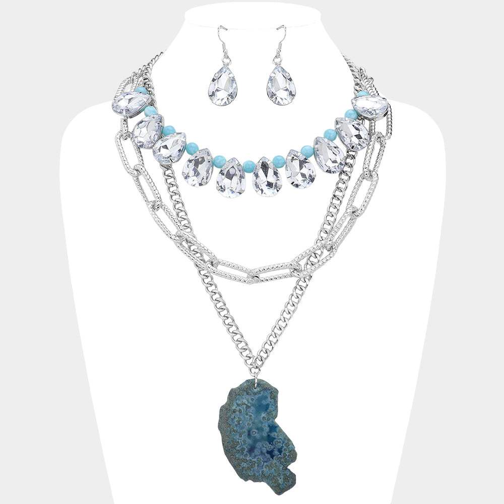 2PCS - Natural Stone Pendant Pointed Teardrop Stone Link Multi Chain Layered Statement Necklace - Madeline Love - Flyclothing LLC