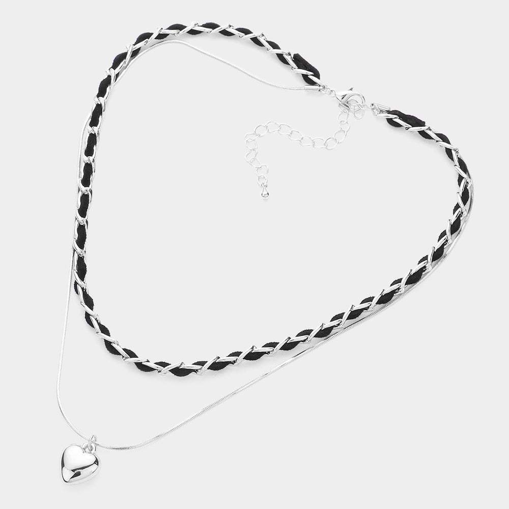 Faux Suede Double Layered Metal Heart Pendant Necklace - Madeline Love - Flyclothing LLC
