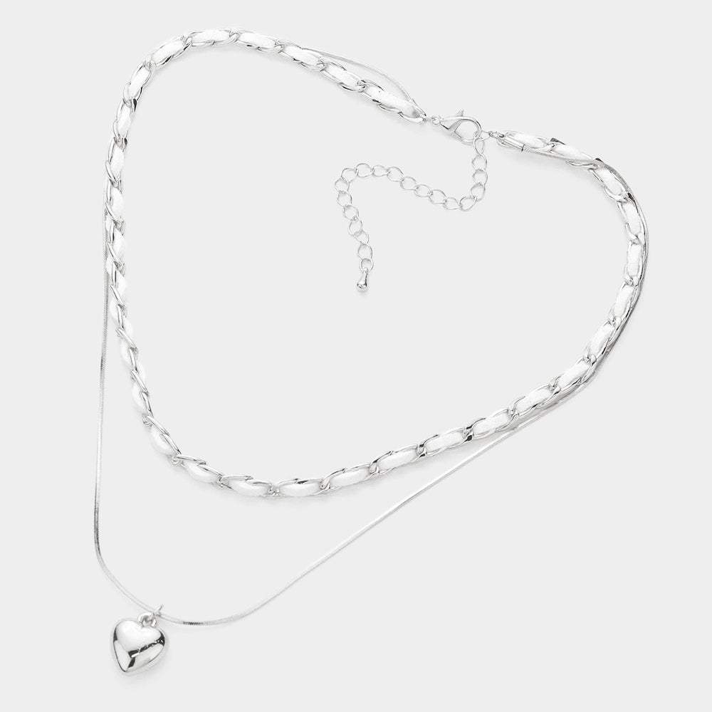 Faux Suede Double Layered Metal Heart Pendant Necklace - Madeline Love - Flyclothing LLC