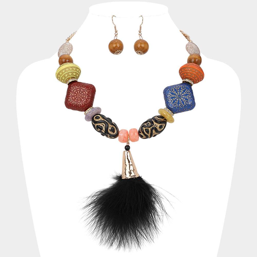 Ethic Chunky Wooden Natural Stone Beaded Feather Pendant Statement Necklace - Madeline Love - Flyclothing LLC