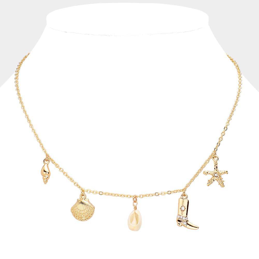 Shell Western Boots Starfish Charm Station Necklace - Madeline Love - Flyclothing LLC