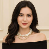 2PCS - Chunky Textured Metal Link Multi Layered Pearl Strand Necklaces - Madeline Love - Flyclothing LLC