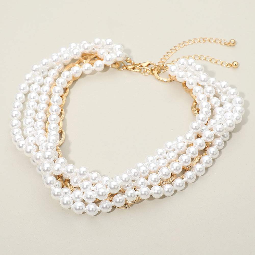 2PCS - Chunky Textured Metal Link Multi Layered Pearl Strand Necklaces - Madeline Love - Flyclothing LLC