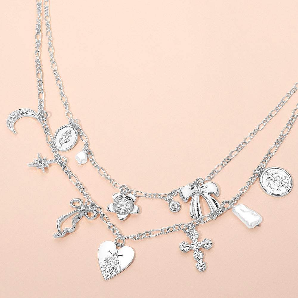 Bow Heart Floral Cross Pearl Crescent Coin Charm Station Layered Necklace - Madeline Love - Flyclothing LLC