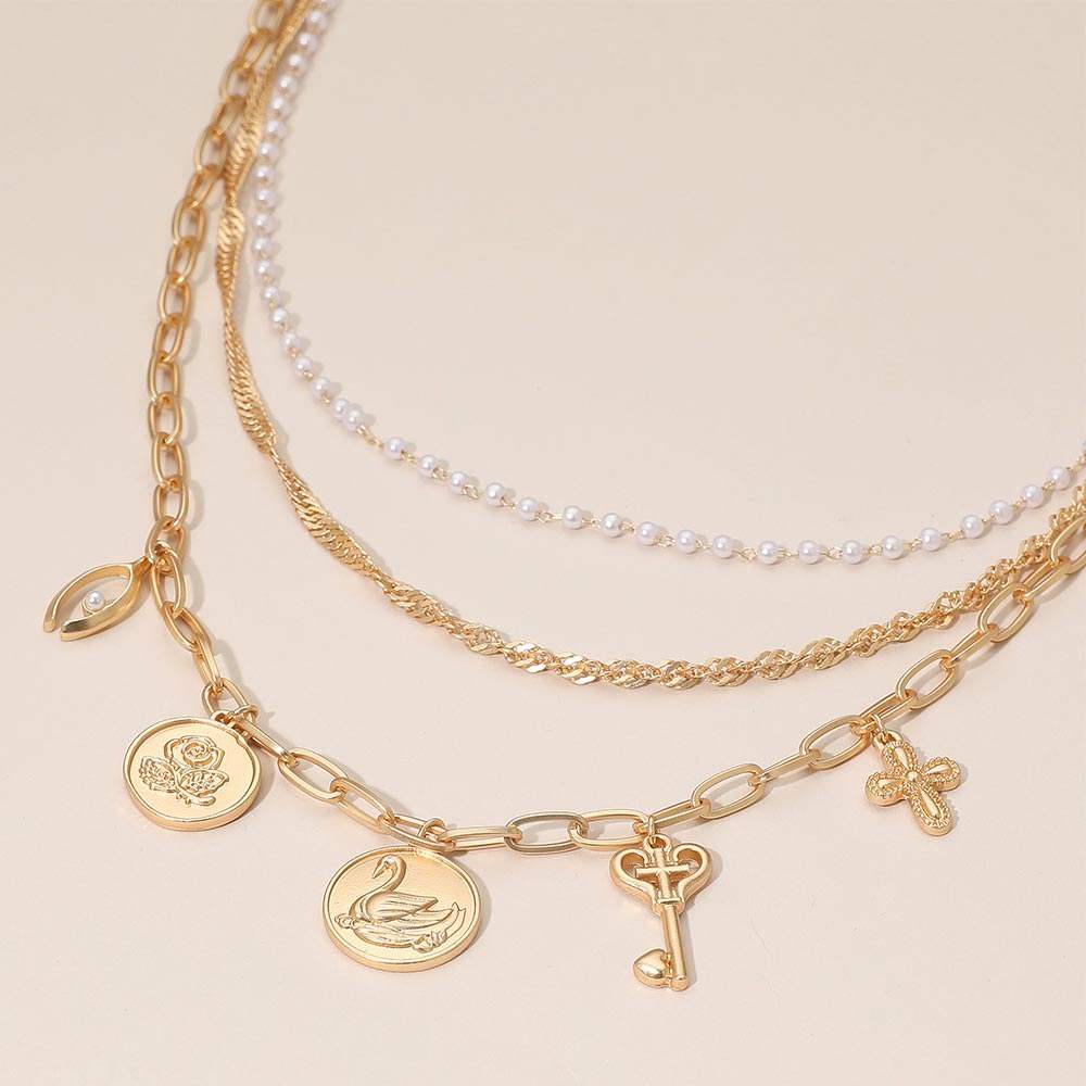 Flower Swan Embossed Medallion Key Cross Pearl Charm Station Layered Chain Necklace - Madeline Love - Flyclothing LLC
