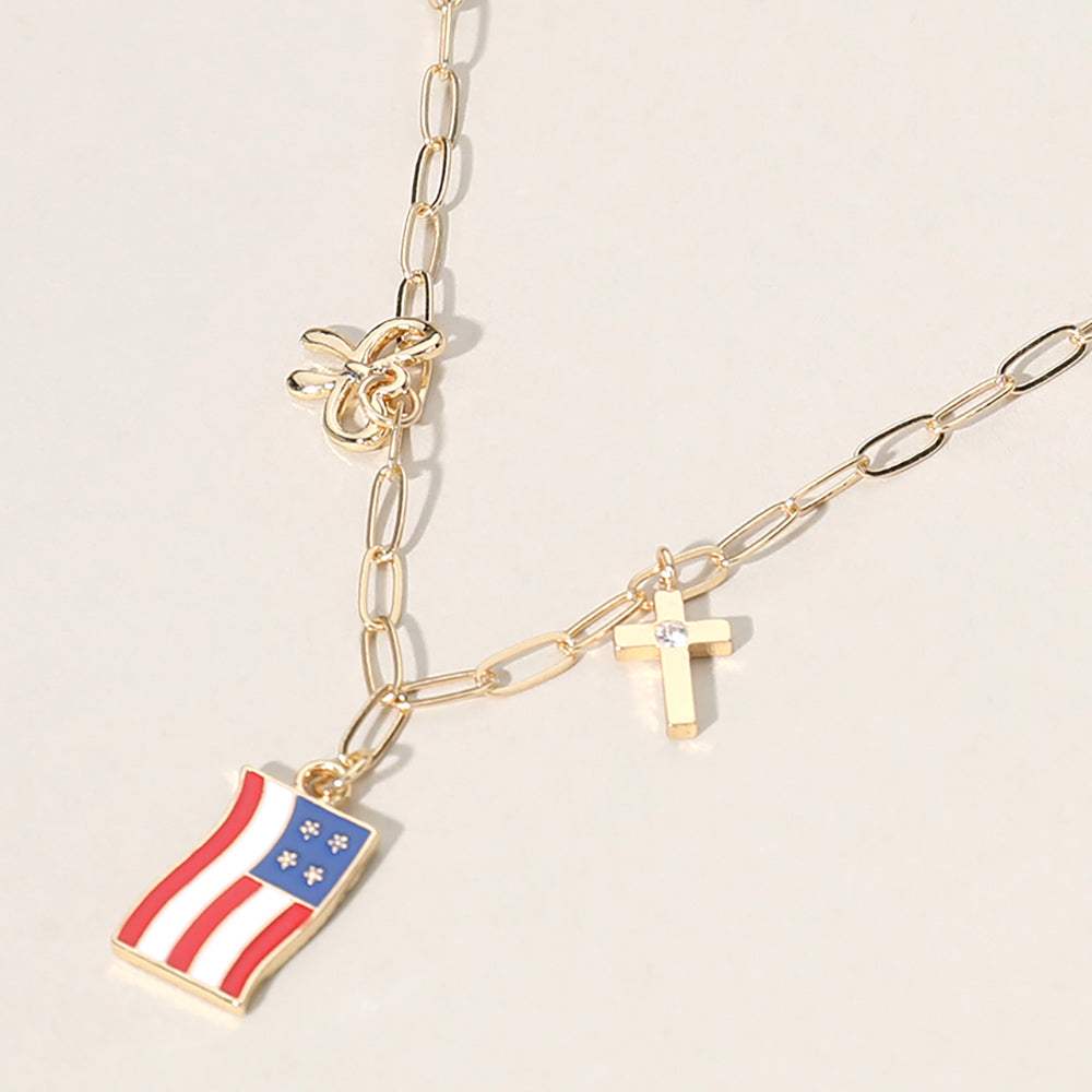 Enamel American USA Flag Metal Cross Bow Charm Station Paperclip Chain Necklace - Madeline Love - Flyclothing LLC