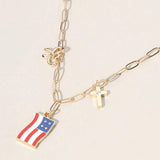 Enamel American USA Flag Metal Cross Bow Charm Station Paperclip Chain Necklace - Madeline Love - Flyclothing LLC