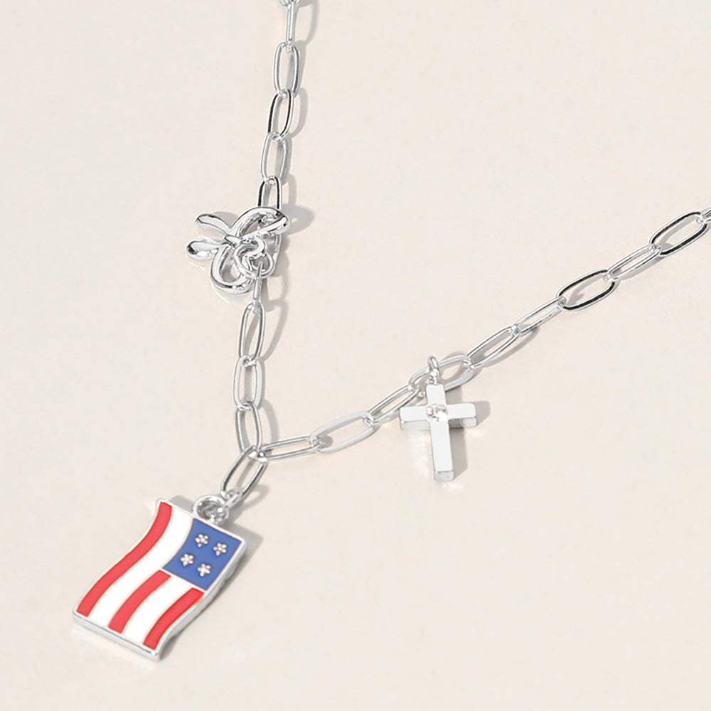 Enamel American USA Flag Metal Cross Bow Charm Station Paperclip Chain Necklace - Madeline Love - Flyclothing LLC