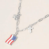 Enamel American USA Flag Metal Cross Bow Charm Station Paperclip Chain Necklace - Madeline Love - Flyclothing LLC