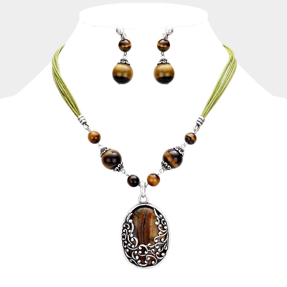 Oval Natural Stone Embossed Metal Pendant Necklace - Madeline Love - Flyclothing LLC