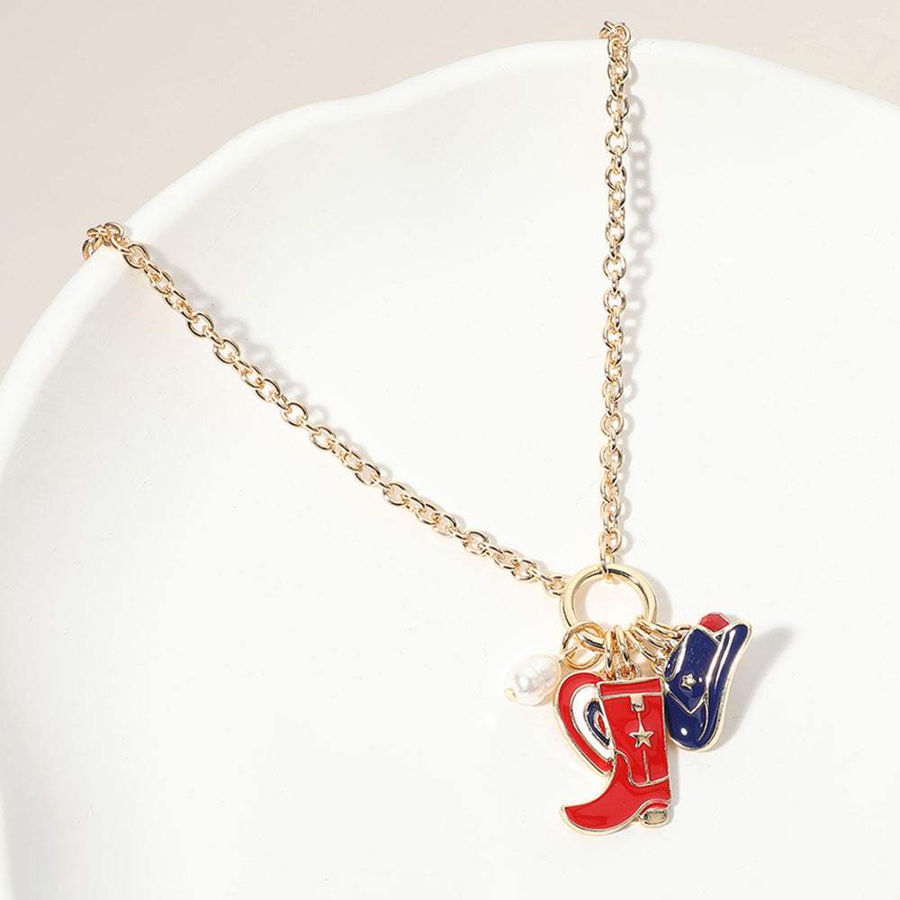 Enamel American USA Flag Western Cowboy Boot Hat Heart Pearl Charm Pendant Necklace - Madeline Love - Flyclothing LLC