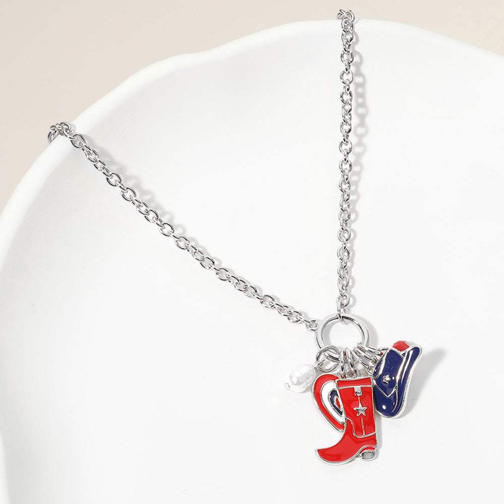 Enamel American USA Flag Western Cowboy Boot Hat Heart Pearl Charm Pendant Necklace - Madeline Love - Flyclothing LLC