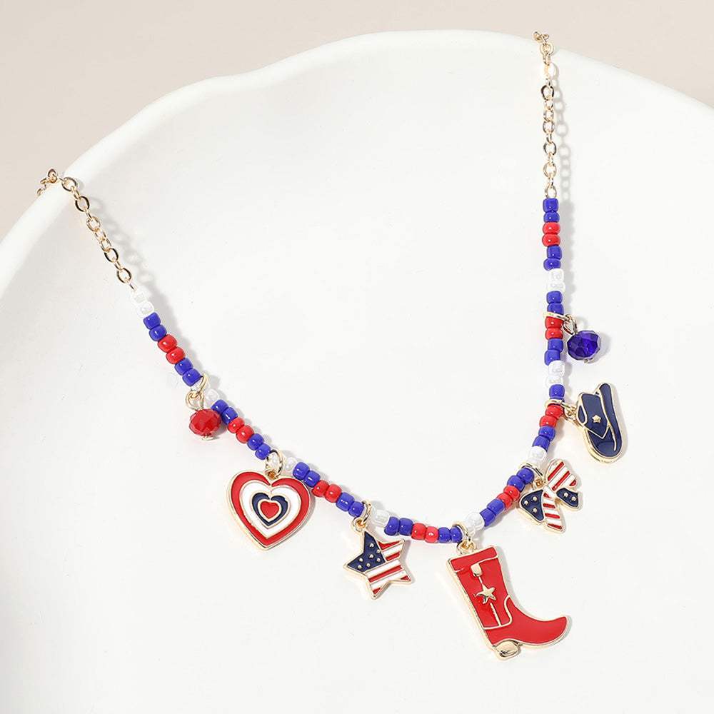 Enamel American USA Flag Western Boot Hat Bow Star Heart Charm Beaded Necklace - Madeline Love - Flyclothing LLC