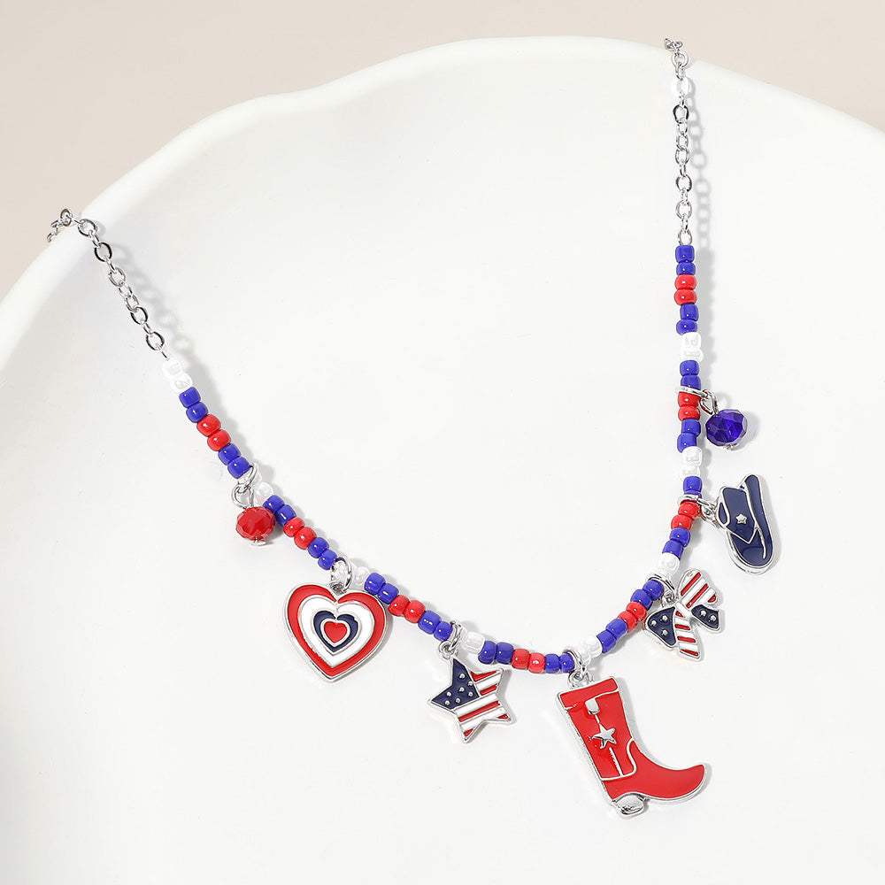 Enamel American USA Flag Western Boot Hat Bow Star Heart Charm Beaded Necklace - Madeline Love - Flyclothing LLC