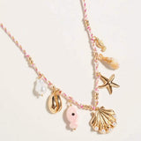 Pearl Seashell Starfish Seahorse Charm Station Fabric Chain Twisted Necklace - Madeline Love - Flyclothing LLC
