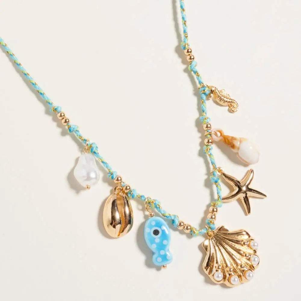 Pearl Seashell Starfish Seahorse Charm Station Fabric Chain Twisted Necklace - Madeline Love - Flyclothing LLC