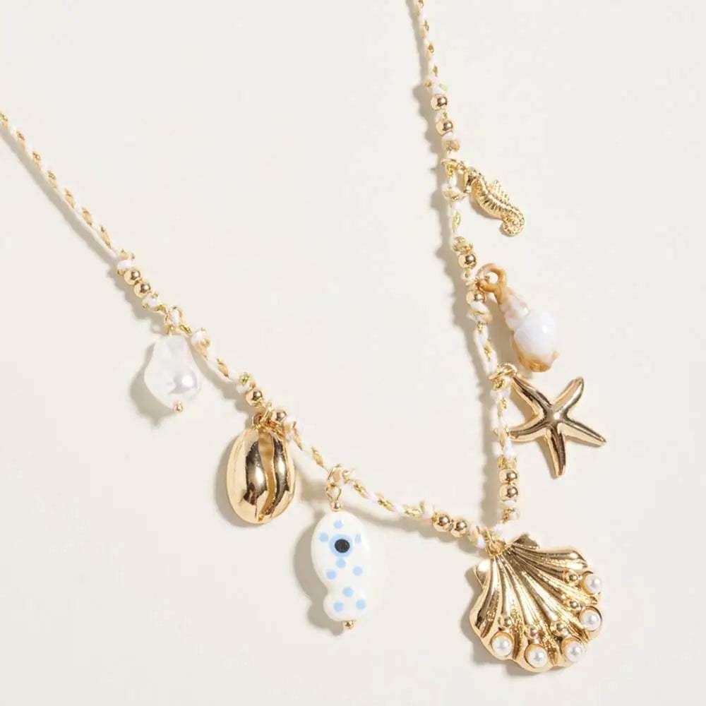 Pearl Seashell Starfish Seahorse Charm Station Fabric Chain Twisted Necklace - Madeline Love - Flyclothing LLC