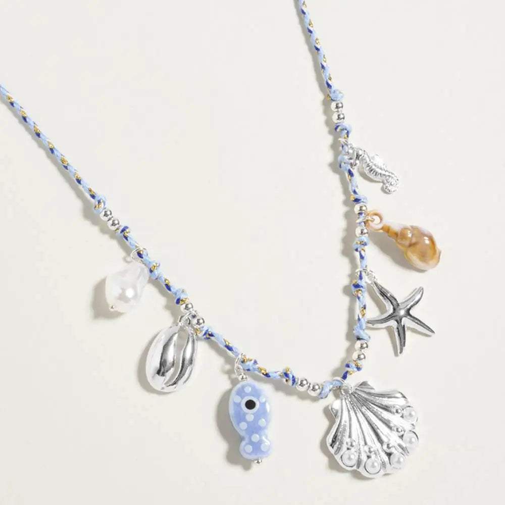 Pearl Seashell Starfish Seahorse Charm Station Fabric Chain Twisted Necklace - Madeline Love - Flyclothing LLC