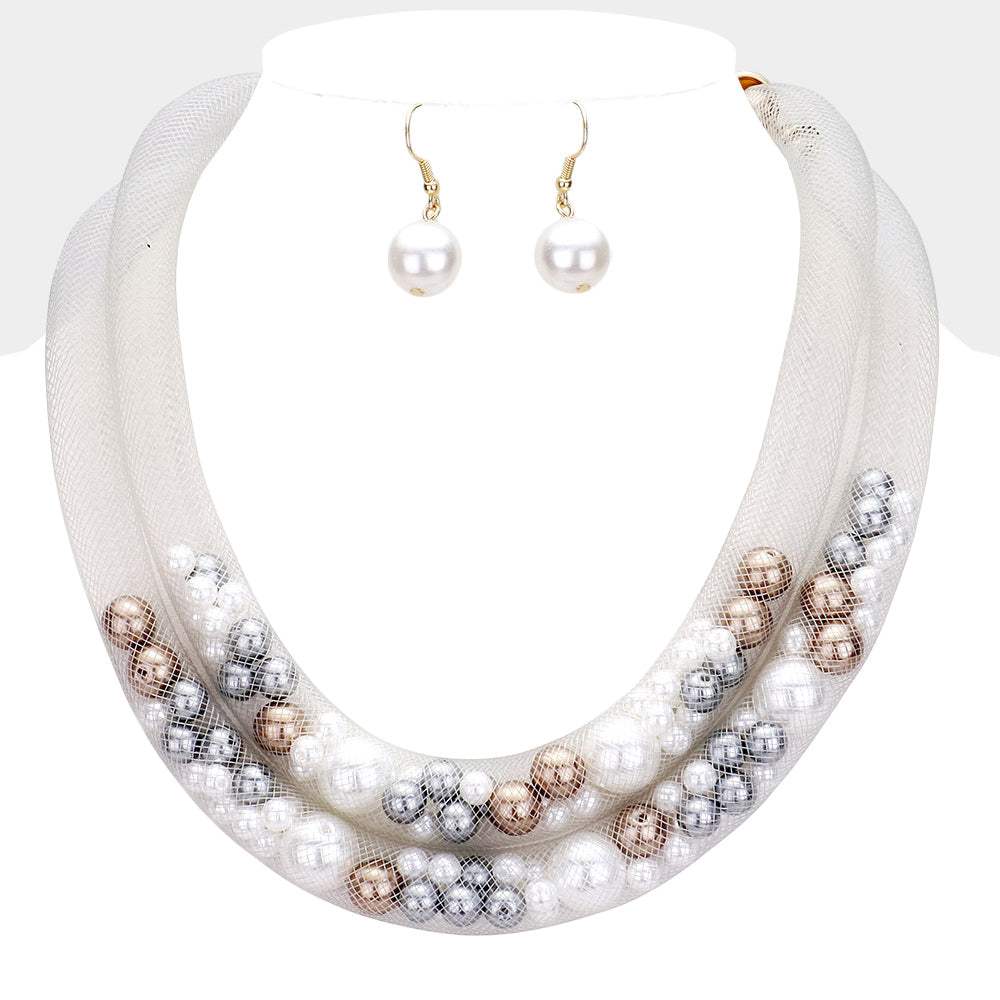 Double Mesh Tube Pearl Collar Necklace - Madeline Love - Flyclothing LLC