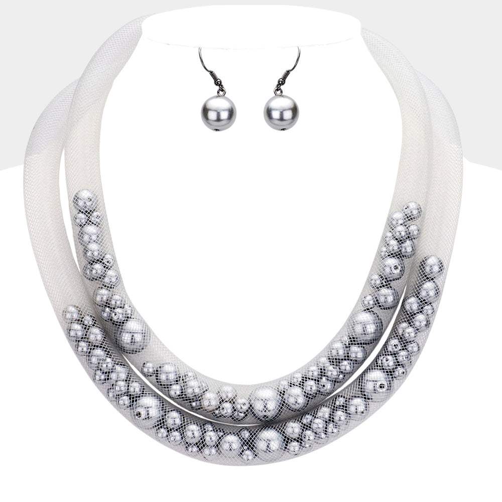 Double Mesh Tube Pearl Collar Necklace - Madeline Love - Flyclothing LLC