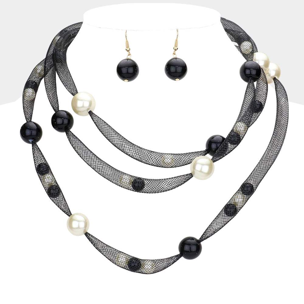 Pearl Accented Triple Layered Mesh Bib Necklace - Madeline Love - Flyclothing LLC
