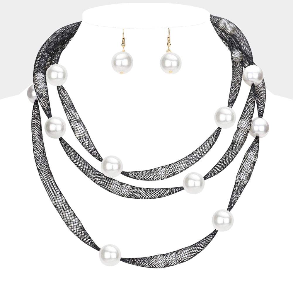 Pearl Accented Triple Layered Mesh Bib Necklace - Madeline Love - Flyclothing LLC