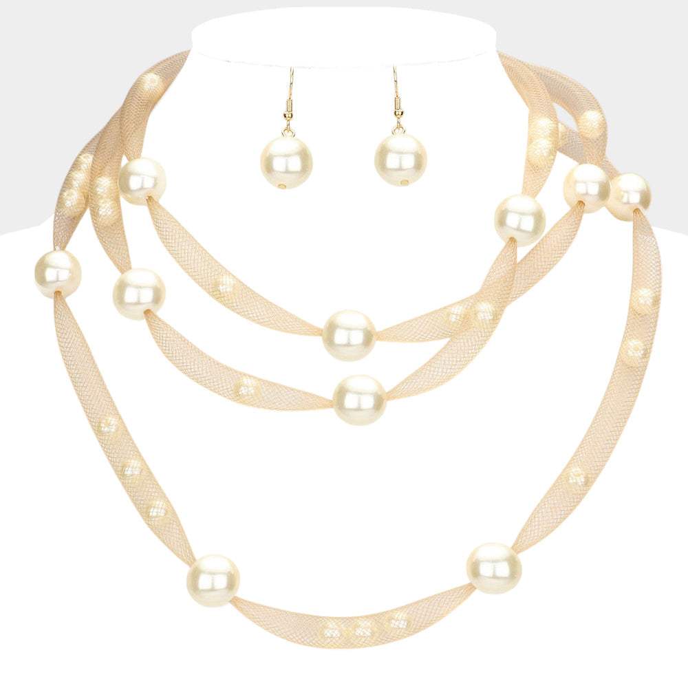 Pearl Accented Triple Layered Mesh Bib Necklace - Madeline Love - Flyclothing LLC