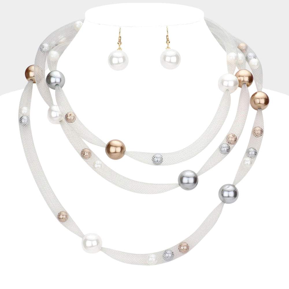 Pearl Accented Triple Layered Mesh Bib Necklace - Madeline Love - Flyclothing LLC