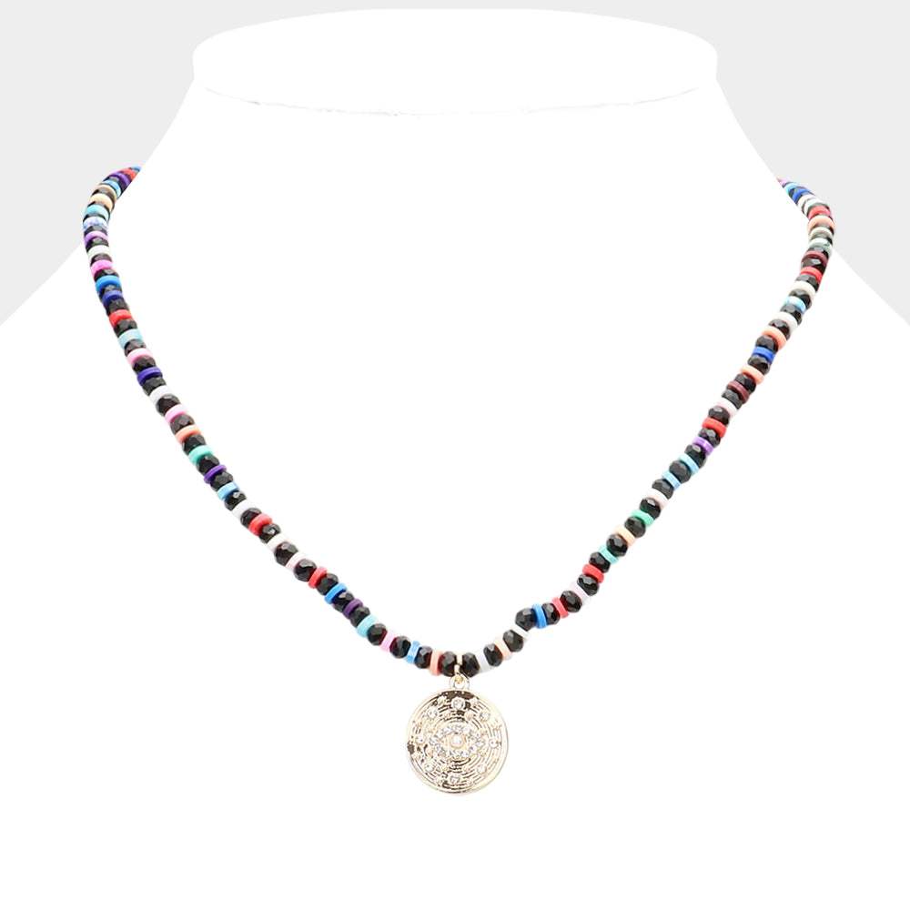 Evil Eye Accented Rhinestone Embellished Round Pendant Beaded Necklace - Madeline Love - Flyclothing LLC