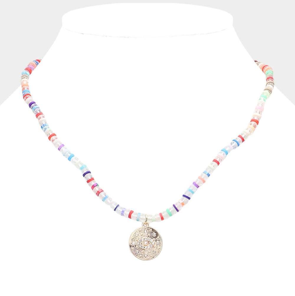 Evil Eye Accented Rhinestone Embellished Round Pendant Beaded Necklace - Madeline Love - Flyclothing LLC