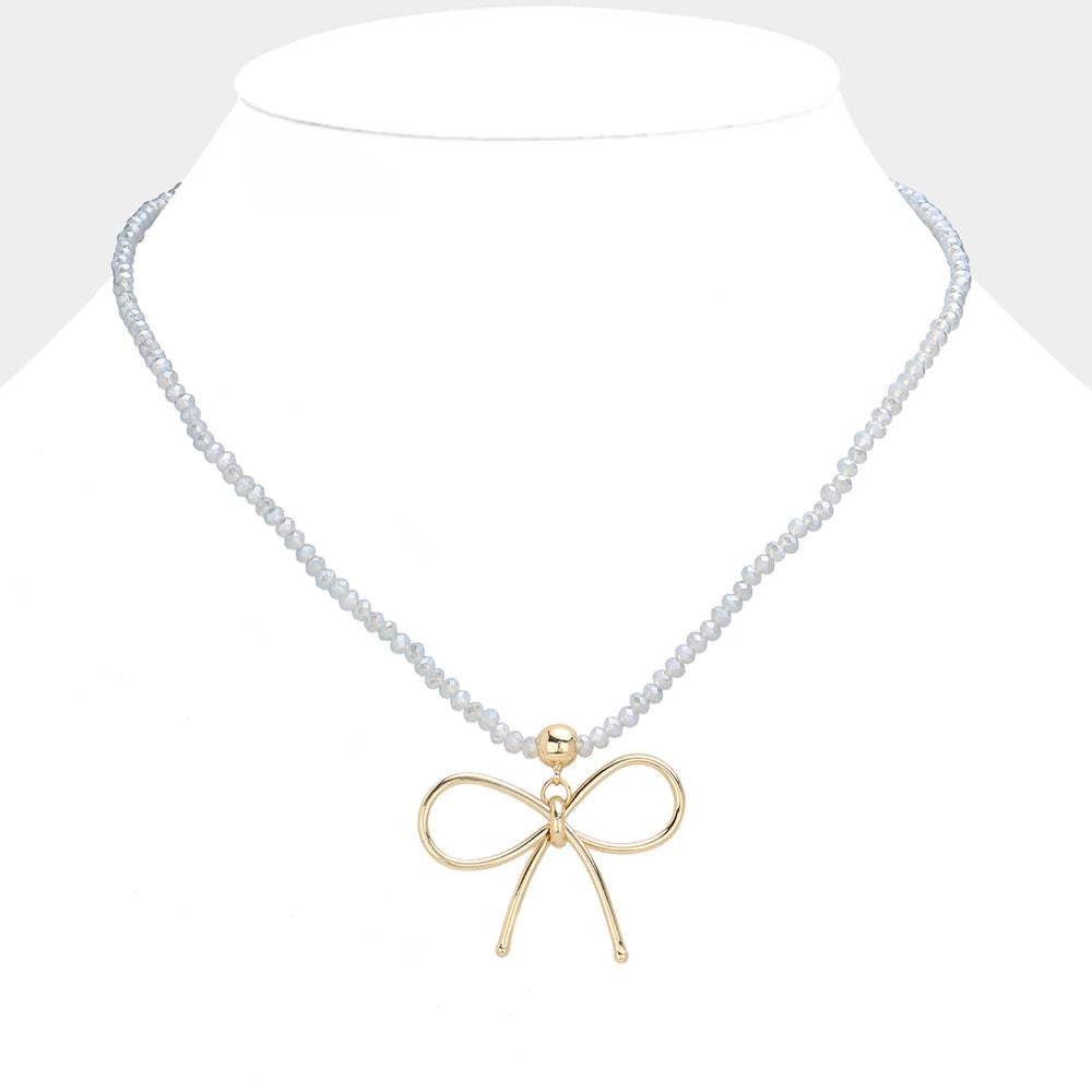 Faceted Beaded Brass Metal Wire Bow Pendant Necklace - Madeline Love - Flyclothing LLC