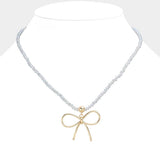 Faceted Beaded Brass Metal Wire Bow Pendant Necklace - Madeline Love - Flyclothing LLC