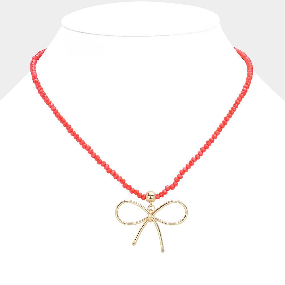 Faceted Beaded Brass Metal Wire Bow Pendant Necklace - Madeline Love - Flyclothing LLC