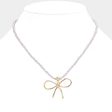 Faceted Beaded Brass Metal Wire Bow Pendant Necklace - Madeline Love - Flyclothing LLC