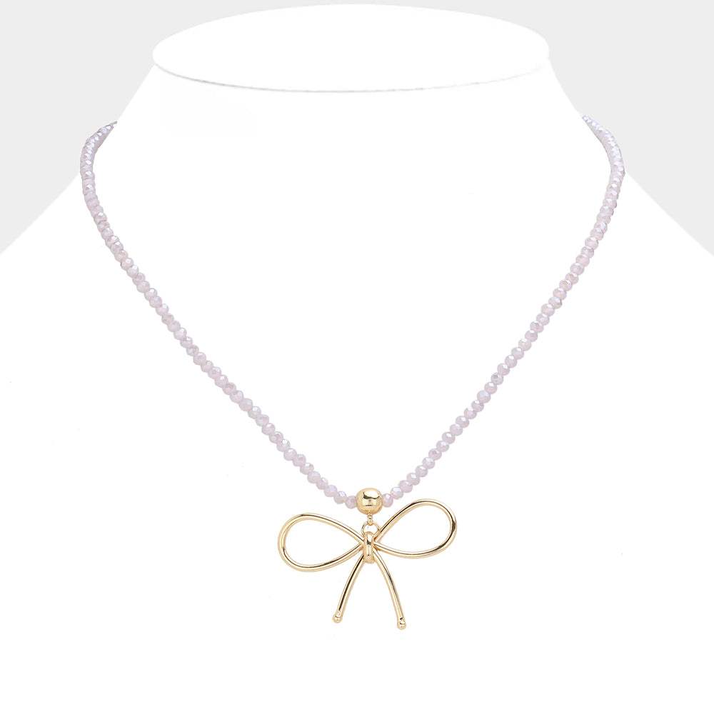 Faceted Beaded Brass Metal Wire Bow Pendant Necklace - Madeline Love - Flyclothing LLC