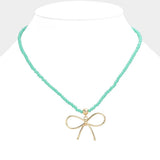 Faceted Beaded Brass Metal Wire Bow Pendant Necklace - Madeline Love - Flyclothing LLC