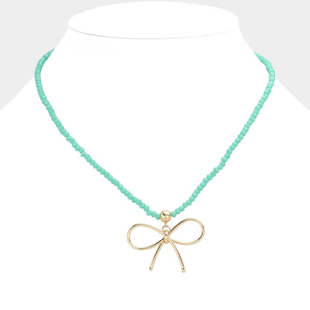 Faceted Beaded Brass Metal Wire Bow Pendant Necklace - Madeline Love - Flyclothing LLC
