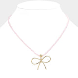 Faceted Beaded Brass Metal Wire Bow Pendant Necklace - Madeline Love - Flyclothing LLC