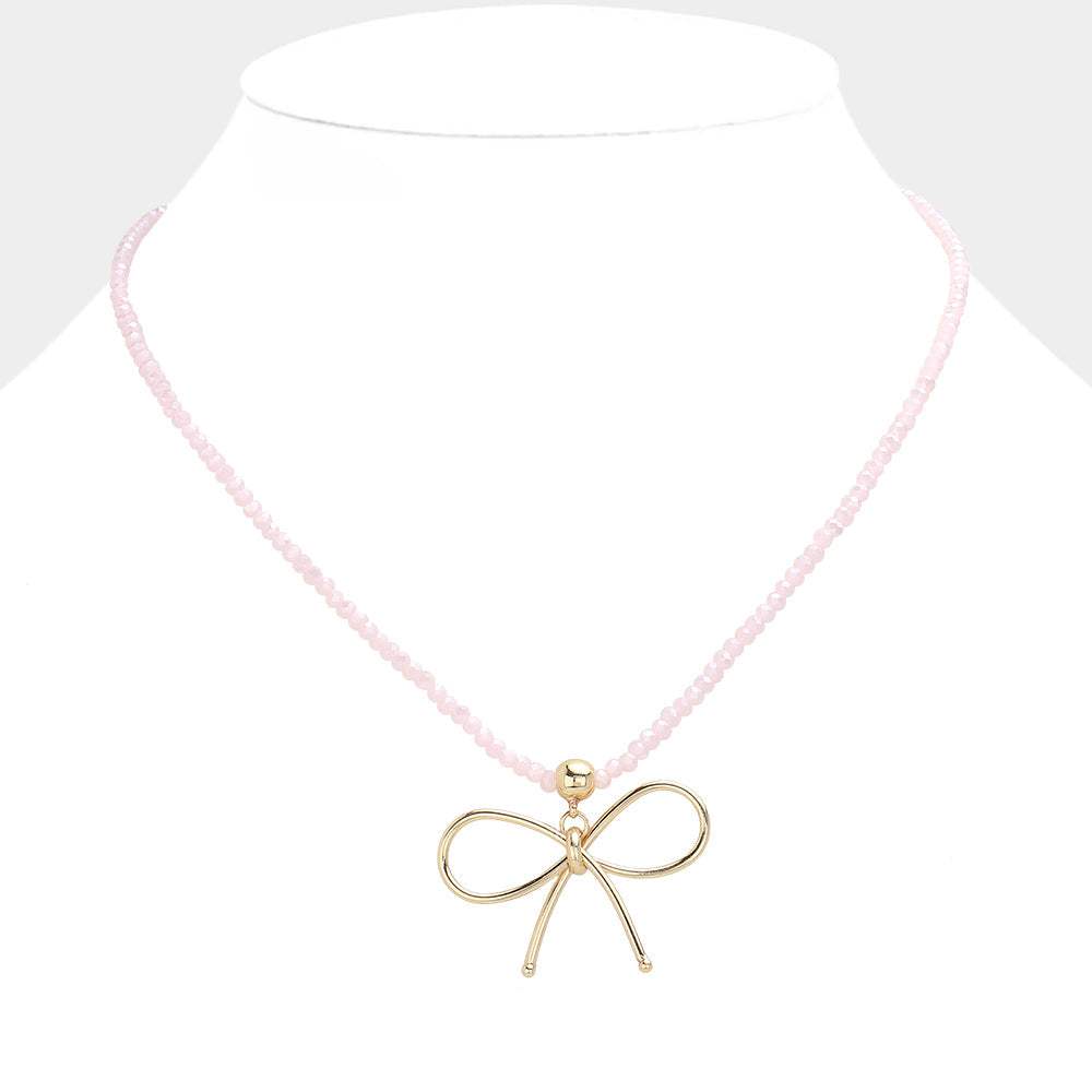 Faceted Beaded Brass Metal Wire Bow Pendant Necklace - Madeline Love - Flyclothing LLC