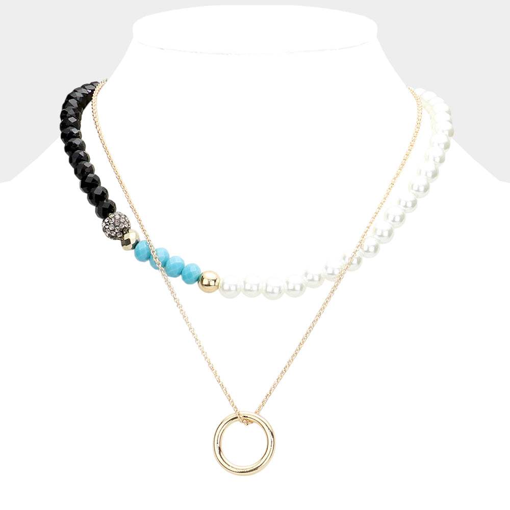 Open Metal Circle Pendant Pearl Shamballa Ball Faceted Beaded Necklace - Madeline Love - Flyclothing LLC