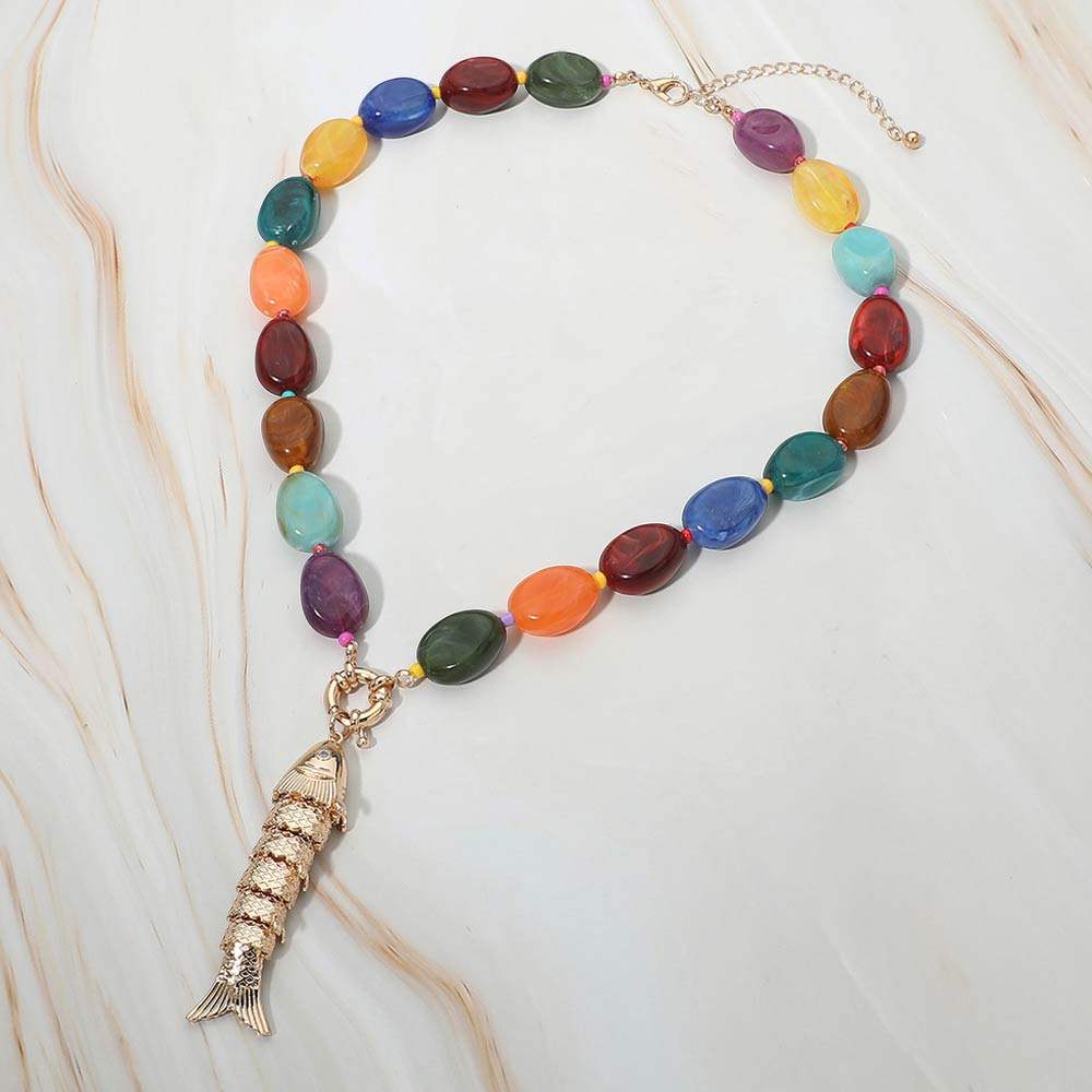 Fish Toggle Charm Pendant Marbled Resin Pebble Beaded Necklace - Madeline Love - Flyclothing LLC