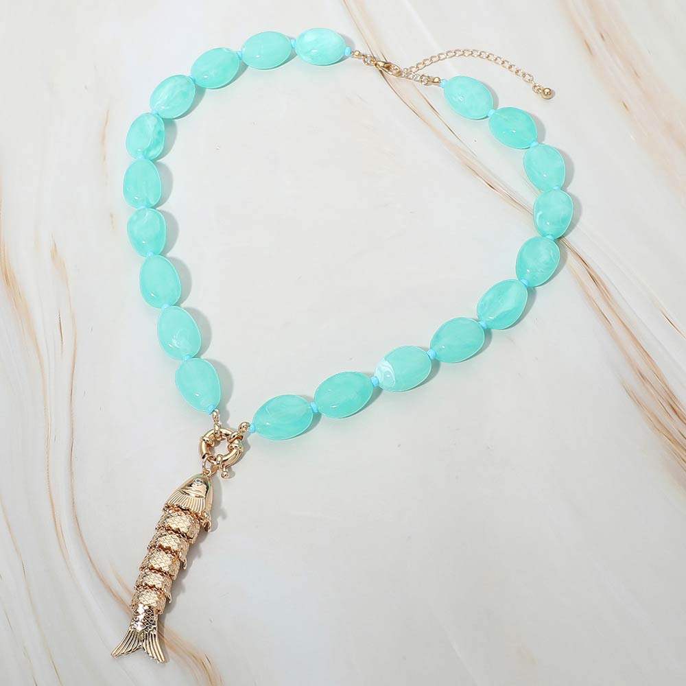 Fish Toggle Charm Pendant Marbled Resin Pebble Beaded Necklace - Madeline Love - Flyclothing LLC