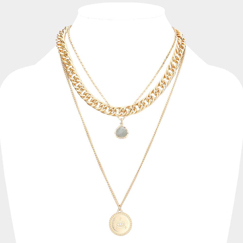 Natural Stone Evil Eye Detailed Metal Round Pendant Triple Layered Necklace - Madeline Love - Flyclothing LLC