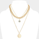 Natural Stone Evil Eye Detailed Metal Round Pendant Triple Layered Necklace - Madeline Love - Flyclothing LLC