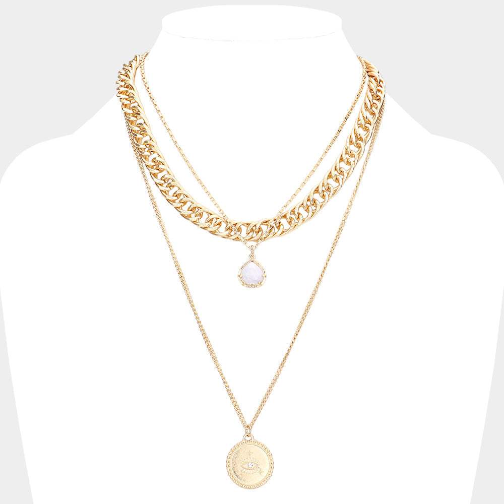 Natural Stone Evil Eye Detailed Metal Round Pendant Triple Layered Necklace - Madeline Love - Flyclothing LLC