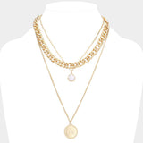 Natural Stone Evil Eye Detailed Metal Round Pendant Triple Layered Necklace - Madeline Love - Flyclothing LLC