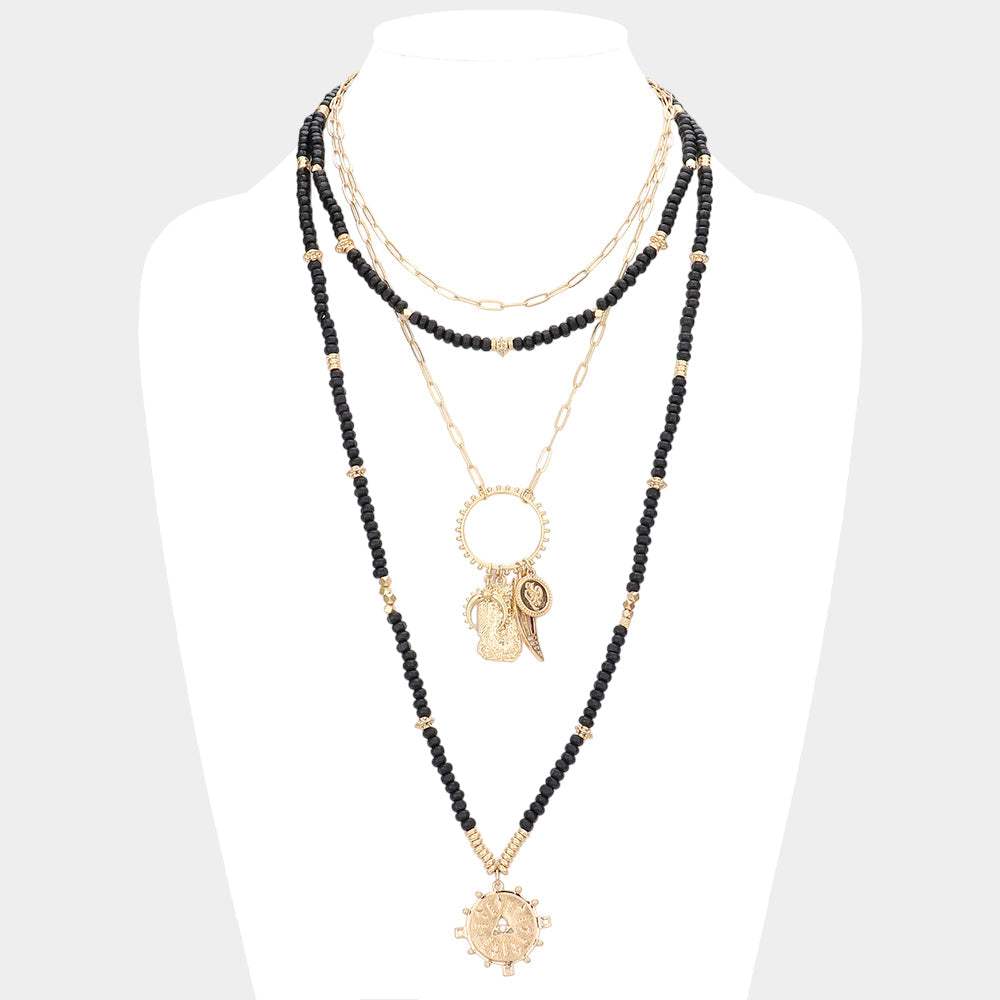 Double Horn Evil Eye Centered Pendant Wood Beaded Multi Layered Necklace - Madeline Love - Flyclothing LLC