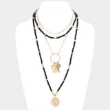 Double Horn Evil Eye Centered Pendant Wood Beaded Multi Layered Necklace - Madeline Love - Flyclothing LLC