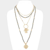 Double Horn Evil Eye Centered Pendant Wood Beaded Multi Layered Necklace - Madeline Love - Flyclothing LLC