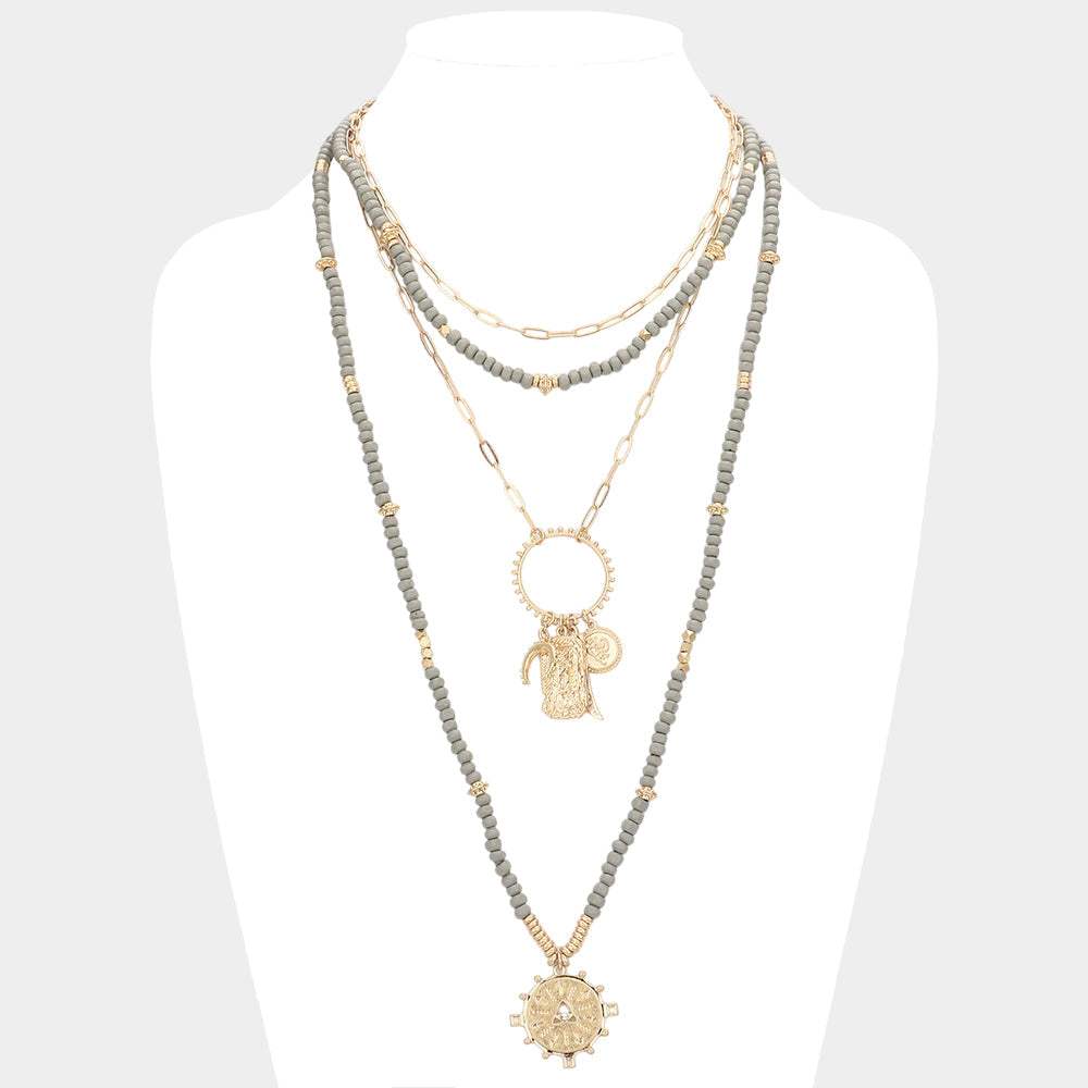 Double Horn Evil Eye Centered Pendant Wood Beaded Multi Layered Necklace - Madeline Love - Flyclothing LLC